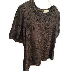 Candlelight & Champagne Black Beaded Floral Lace Blouse Top 22WP 03-5380-5